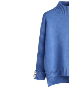 Ensemble pull en tricot bleu personnalisé et pantalon large pour femme, pull à col montant, vêtements de détente confortables pour l'hiver, fabricant personnalisé OEM - Product Image 3