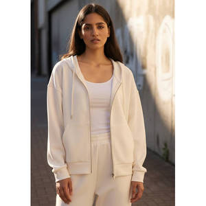 Sudadera con capucha para mujer, de punto, con cremallera, lisa, teñida, blanca, de poliéster, antipilling, de ajuste holgado, al por mayor, con logotipo personalizado - Product Image 1