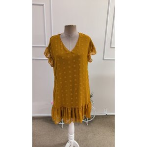 Robe courte en mousseline de soie à pois pour femme, col en V, manches courtes, 34676 - Moutarde - Product Image 4