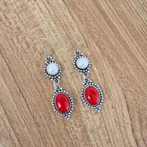 Pendientes de Coral Rojo y Perla con Múltiples Piedras, Plata 925, Hechos a Mano, Cristal, Estilo Boho, Regalo para Ella - Product Image 2
