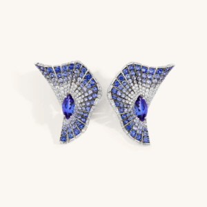 Pendientes de Lujo para Mujer, Chapados en Rodio, con Forma de Abanico, con Gema Azul Marquesa y Circonita Cúbica - Product Image 2