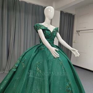 ANY187 Glitter Sweetheart <b>Emerald</b> Green Crystal Beading Lace Appliqued Print Evening Party Ball Gown <b>Dress</b> - Product Image 4