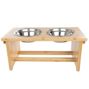 Cadre en bois avec bol en acier inoxydable pour nourriture pour animaux de compagnie et bol d'alimentation en eau prix de gros - Product Image 1