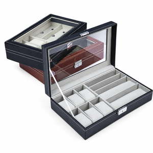 Caja organizadora de relojes de cuero con tapa de cristal, estuche de exhibición para relojes y gafas de sol - Product Image 1