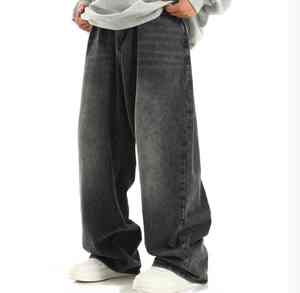 Jeans streetwear vintage de haute qualité, lavage vintage, gris foncé délavé au soleil, coupe droite ample, séchage rapide, taille moyenne - Product Image 5