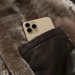 Custom <b>Men's</b> Dark Brown Shearling Leather Coat Faux Fur Lined Winter <b>Warm</b> Long Overcoat Button Closure Casual Outerwear - Product Image 5