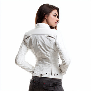 Chaqueta de cuero blanco para motorista, chaquetas de cuero para ciclismo con bolsillo en el pecho OEM para mujer, chaqueta de cuero PU a prueba de viento para mujer, Top - Product Image 2