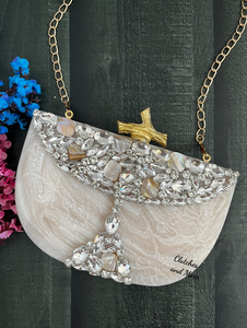 Sac de soirée en résine acrylique haut de gamme, forme coquille ovale, motif sergé, avec longues chaînes, surface miroir ambre, petit format boîte - Product Image 2