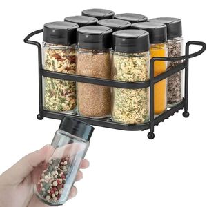 Porte-épices industriel en fer avec fentes de rangement en verre à double niveau Design moderne pour les maisons de style cuisine et loft - Product Image 4