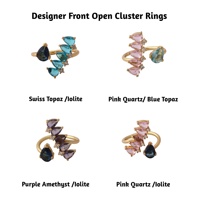 Bague ajustable en laiton plaqué or rose, faite à la main, avec pierres précieuses en quartz rose synthétique, topaze bleue et zircon cubique, serties à griffes, taille poire facettée