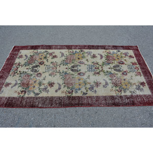 Vintage Turkish Rug Beige <b>Red</b> <b>Wool</b> with Classic Rectangle Patchwork Pattern Large Area 3.6 X 6.9ft Backed Latex for Hallway Use - Product Image 3