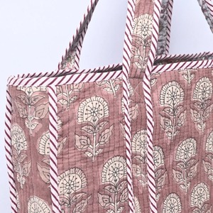 Women's Hand Block Printed Bohemian Vintage Fashion Cotton Fabric Tote <b>Bag</b> Zipper Closure Canvas Lining Winter Summer Travel - Product Image 3
