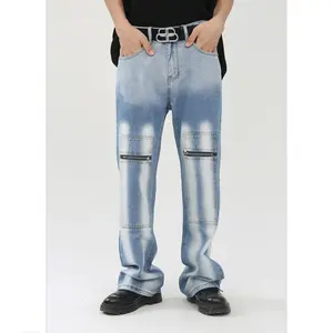 Contrast Color Tie Dye Version Of The Trend Front Pair Zipper Pocket Design Designer Micro Pants Stacked Men's Jeans