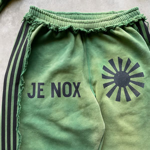 Ensemble survêtement vintage en coton délavé avec capuche double à fermeture éclair, imprimé personnalisé et rayures brodées, pantalon de survêtement ample à ourlet brut - Product Image 6