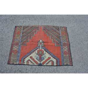 Turkish Small Eco-Friendly Latex Backing Rug 4x3 ft Vintage <b>Red</b> Patchwork <b>Wool</b> Rug - Product Image 1