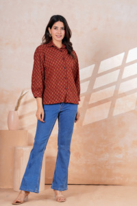 Blusa Étnica de Algodón Estampada Roja para Mujer, Corte Holgado, Estilo Informal, Estilo Indio, para Todas las Temporadas - Product Image 5