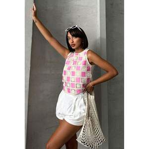 Blusa sin mangas a cuadros de ganchillo Topshow para mujer, rosa crudo, al por mayor - Product Image 3