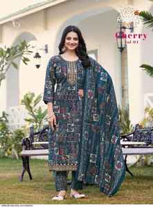 Nueva descarga de seda modal impresa con bordado Top Pant Dupatta Set Lanzamiento en línea para la venta por exportación - Product Image 5