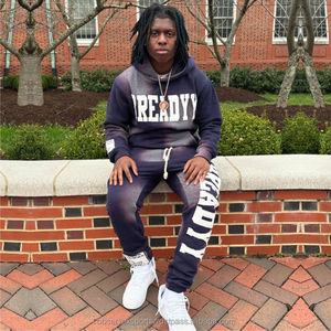 Fabricante de ropa Lavado con ácido Parche bordado desgastado Sudadera Pantalones de chándal acampanados y conjuntos de Sudadera con capucha recortada - Product Image 1