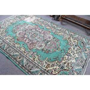 Grand tapis turc 5,2x8,5 pieds, tapis en laine bleu vintage ombré - Product Image 4