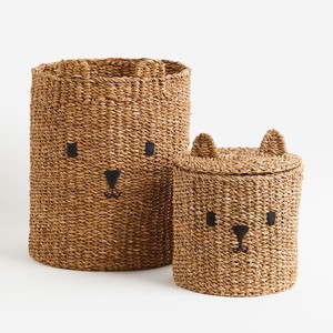 Braided <b>Seagrass</b> Cute Bear <b>Basket</b> With Ear-Shaped Lid <b>Seagrass</b> <b>Storage</b> <b>Basket</b> for Kids Room - Product Image 1