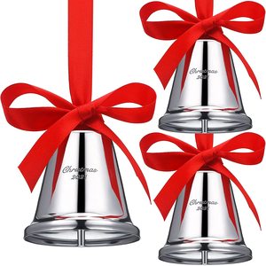 Feliz árbol de Navidad campana colgante de plata adornos grabados con cinta roja para decoración de árbol de Navidad cascabeles - Product Image 6