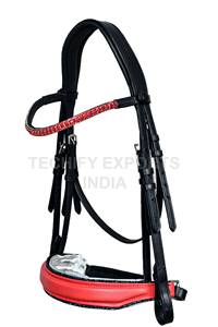 Bridon de cheval en cuir fait main avec frontal en cristal rouge et muserolle rembourrée, bridon équestre durable - Product Image 3