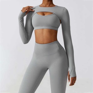 Haute qualité femmes vêtements de Fitness soutien-gorge bout à bout Leggings manches respirant Spandex Yoga ensemble avec taille élastique trois pièces ensemble - Product Image 2