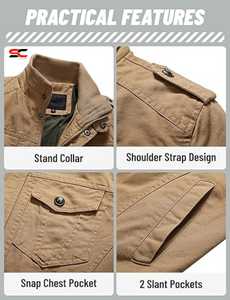 Veste légère pour homme Coupe-vent cargo Vestes en coton à col montant et fermeture éclair avec plusieurs poches - Product Image 5