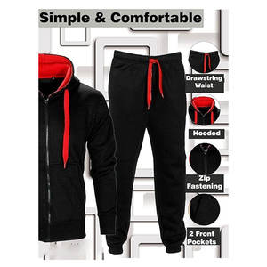 ชุดวอร์มผ้าฟลีซสำหรับผู้ชาย, ชุดมีฮู้ดแขนยาวสีตัดกันพร้อมซิปและเข้าคู่กับกางเกงวิ่งชุดมีสายสำหรับฝึกซ้อมและสวมใส่ในชีวิตประจำวัน - Product Image 3