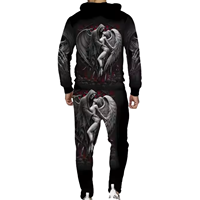 Ensemble de survêtement pour homme, imprimé crâne d'ange, grande taille, sweat à capuche noir et pantalon, hiver, poids lourd, 100% coton, écologique, antibactérien