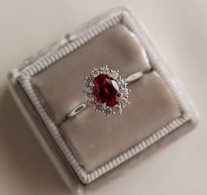 Anillo ovalado de granate rojo, Plata de Ley 925, chapado en oro de 14 quilates, Halo rosa, joyería fina hecha a mano para regalo de mujer - Product Image 2