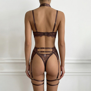 Conjunto de lencería de encaje halter Deeplove con ribete de pestañas, sexy y moldeador, en seis colores (rojo, blanco, azul), tallas S-XL, con anillos para piernas, venta al por mayor de fábrica. - Product Image 4