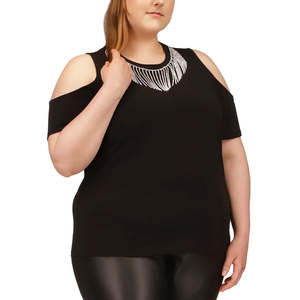 T-shirt Nera da Donna Plus Size Michael Kors con Frange di Strass e Spalle Scoperte, Taglia 2X - Product Image 1