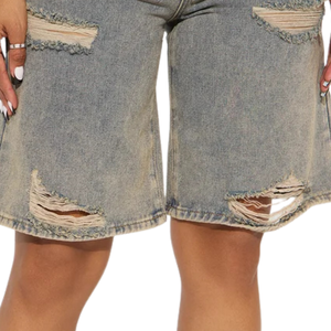Shorts Bermuda en jean déchiré taille haute pour femme, gris délavé, coupe ample, décontracté, streetwear d'été, cinq poches - Product Image 5