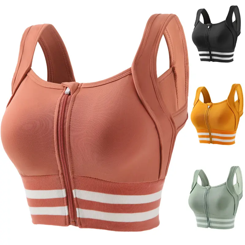 Sujetador deportivo con cremallera frontal para mujer, ropa interior sin aros de acero con almohadilla para el pecho, chaleco de yoga, color sólido, 2023