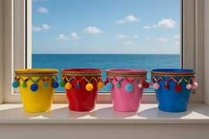 Pot de fleurs décoratif en plastique NF Lauren Blue Pom Pom, style bohème, décoré à la main, pour plantes de bureau, marque privée. - Product Image 2