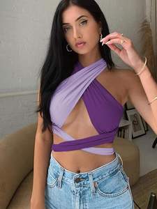 Haut court côtelé côtelé respirant pour femmes longueur courte froncé à lacets haut bandana Cami avec débardeur imprimé croisé - Product Image 2