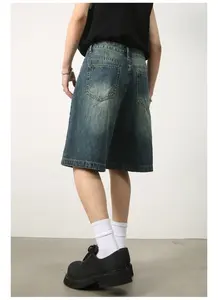 Shorts Vaqueros Vintage para Hombre, 100% Algodón, Corte Holgado, Pierna Recta, Cintura Alta, Cierre de Botones, Secado Rápido, Transpirables, Resistentes al Viento - Product Image 4