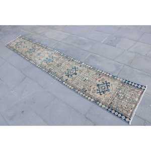 Alfombra Turca Vintage de 1.6x9.2 pies, Alfombra de Lana Ikat Azul - Product Image 2