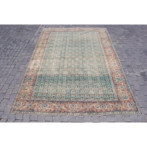 พรมวินเทจขนาด 6.3x9.3 ฟุต สีน้ำเงินส้ม ลายดอกไม้สไตล์ตุรกี ทำจากขนสัตว์ - Product Image 1