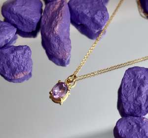 สร้อยคออเมทิสต์จี้รูปไข่อัญมณีธรรมชาติเครื่องประดับ925เงินสเตอร์ลิง14K ชุบทองของขวัญสำหรับเธอ - Product Image 1