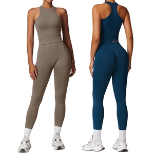 Conjunto de mallas de Yoga de cintura alta con logotipo personalizado para mujer, camiseta sin mangas con espalda cruzada sólida, ropa deportiva, logotipo personalizado de entrenamiento de 2 piezas para mujer - Product Image 1