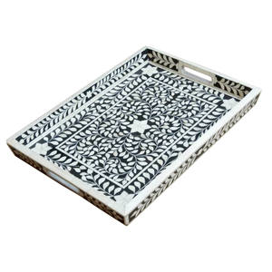 Plateau de service en incrustation d'os blanc floral fabriqué à la main inspiré du design indien de Marrakech pour la décoration intérieure et l'utilisation d'hôtel pour le stockage - Product Image 4