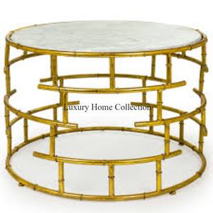 Pipe de couleur dorée faite dernière arrivée table basse avec dessus en marbre forme ronde grande taille fournitures robustes en métal de haute qualité - Product Image 1