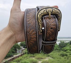 Cinturón occidental de piel de vaca de estilo vintage con diseño floral de girasol y hebilla de aleación de oro antiguo - Product Image 4