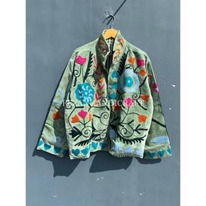 Chaqueta con bordado Floral uzbeko, chaqueta de terciopelo verde claro con forro de algodón con cuello levantado para chaqueta Unisex de otoño e invierno - Product Image 5