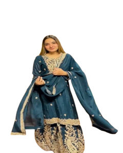 Ensemble Kurti Dupatta Plazzo en rayonne lourde moderne avec broderie fantaisie, vêtements décontractés pour femmes, taille plus, Salwar Kameez, séchage rapide - Product Image 1