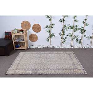 Alfombra de lana turca Vintage azul Beige tradicional 4,3X6,6 pies Patrón de retazos Látex de tejido plano para decoraciones de sala de estar - Product Image 1