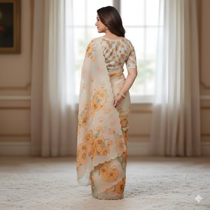 Sari en soie organza Tebi pur avec impression numérique et travail manuel de paillettes, bordure festonnée, sari de soirée de créateur - Product Image 1